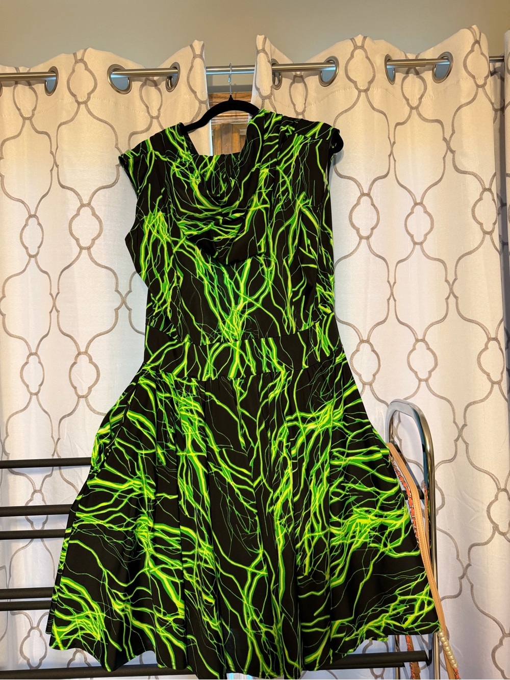Black & Neon Green Patterned Fit-and-Flare Dress